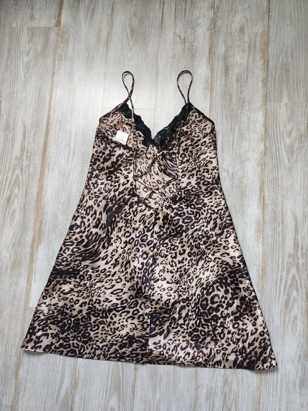VTG Secret Treasures Leopard Satin Lace Trim Strappy Back Mini Slip Sz S EUC - Picture 11 of 12